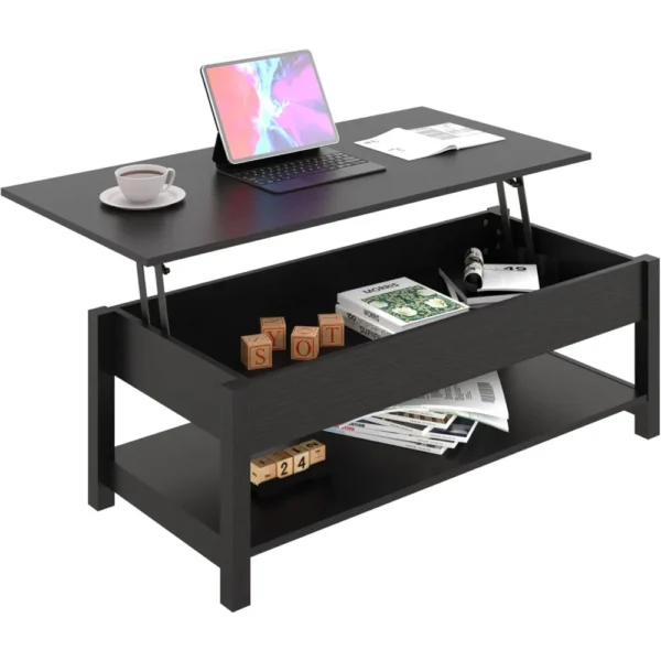 Lift Top Coffee Table with Hidden Compartment and Open Shelf, Lift Tabletop Pop-Up Coffee Table for Living Room