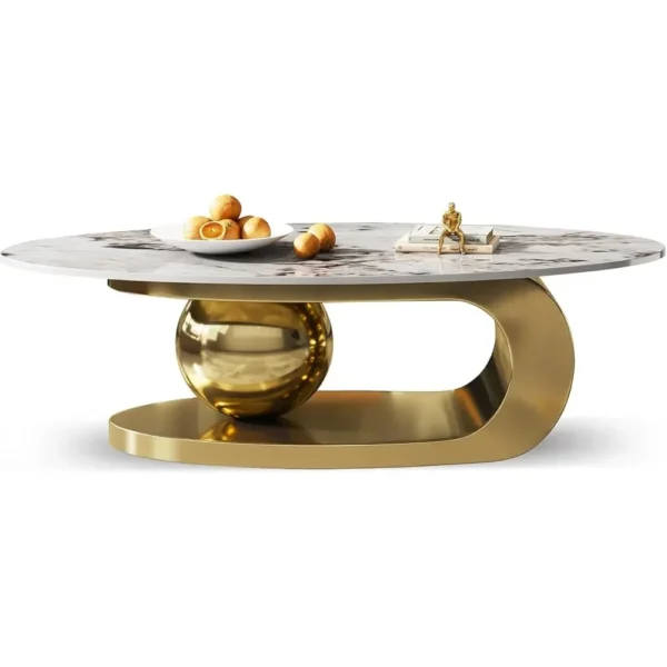Modern Oval Stone Coffee Table with Abstract Gold Metal Base - Perfect Centerpiece for Stylish Living Rooms Coffee Tables - Image 6