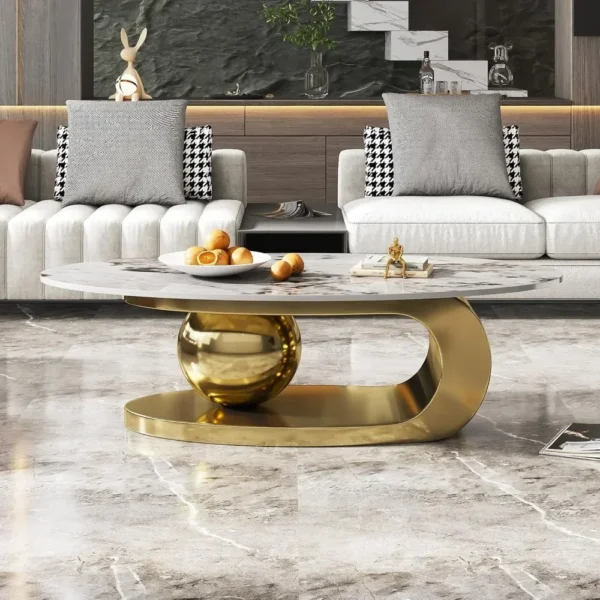 Modern Oval Stone Coffee Table with Abstract Gold Metal Base - Perfect Centerpiece for Stylish Living Rooms Coffee Tables - Image 3