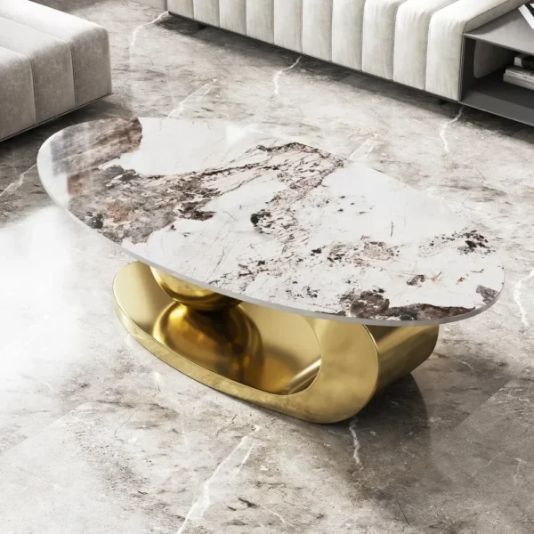 Modern Oval Stone Coffee Table with Abstract Gold Metal Base - Perfect Centerpiece for Stylish Living Rooms Coffee Tables - Image 4