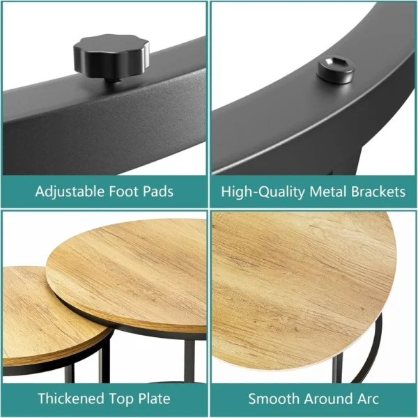 Nesting Coffee Table Set of 2,23.6" Round Coffee Tables Wood with Adjustable Non-Slip Feet,Industrial End Table Side Tables - Image 4