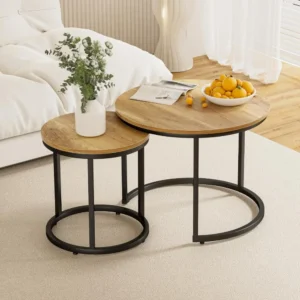 Nesting Coffee Table Set of 2,23.6" Round Coffee Tables Wood with Adjustable Non-Slip Feet,Industrial End Table Side Tables