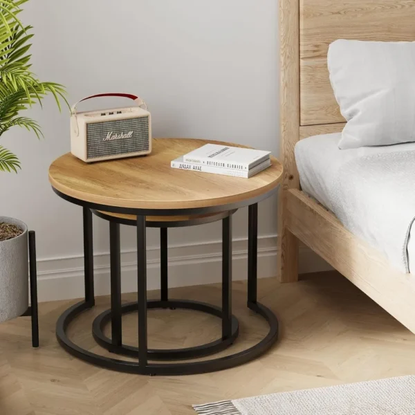 Nesting Coffee Table Set of 2,23.6" Round Coffee Tables Wood with Adjustable Non-Slip Feet,Industrial End Table Side Tables - Image 6
