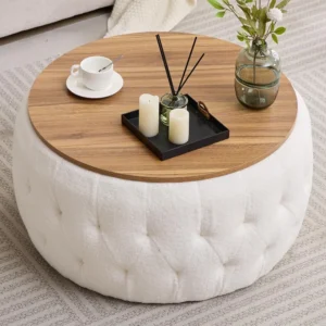 Round Storage Ottoman with Wooden Lid, Tufted Teddy Fabric Circle Ottoman Footrest Stool Bench Coffee Table for Living Room