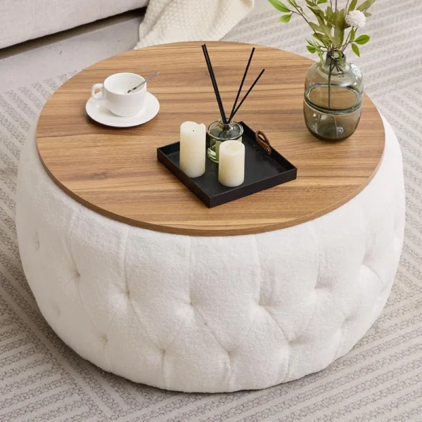 Round Storage Ottoman with Wooden Lid, Tufted Teddy Fabric Circle Ottoman Footrest Stool Bench Coffee Table for Living Room