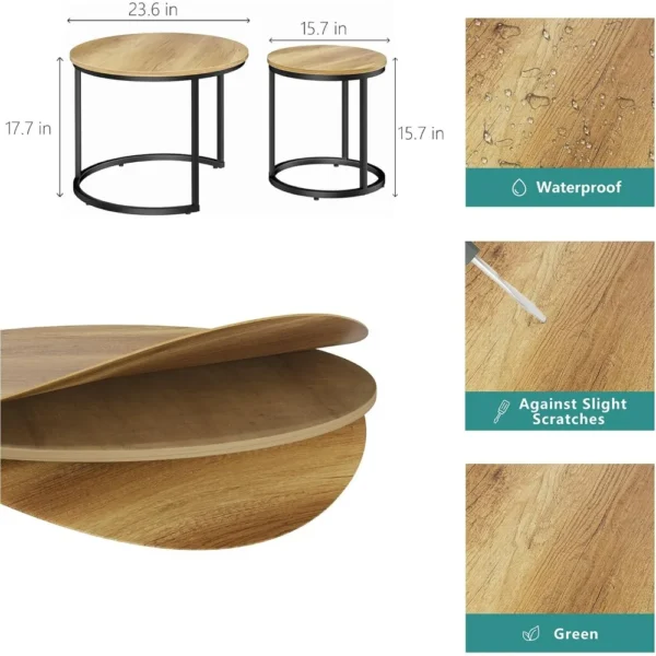 Nesting Coffee Table Set of 2,23.6" Round Coffee Tables Wood with Adjustable Non-Slip Feet,Industrial End Table Side Tables - Image 2