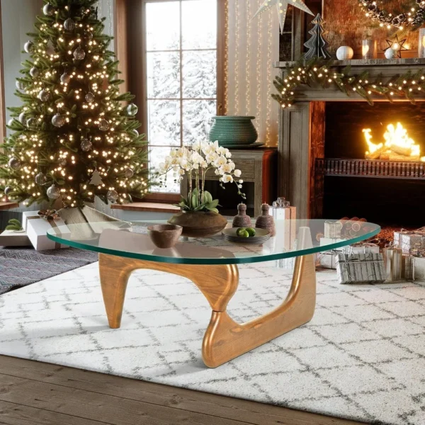 Triangle Glass Coffee Table Modern Noguchi Coffee Table, Vintage Glass, and Wood End Table, Solid Wood Base Accent Coffee Table - Image 3