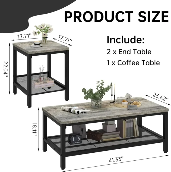 Lamerge 3 Pieces Living Room Table Set, Industrial Coffee Table with 2 Square End Side Tables, Coffee Table Set with Metal Frame - Image 6