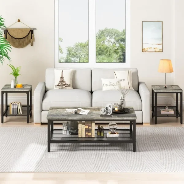 Lamerge 3 Pieces Living Room Table Set, Industrial Coffee Table with 2 Square End Side Tables, Coffee Table Set with Metal Frame - Image 2