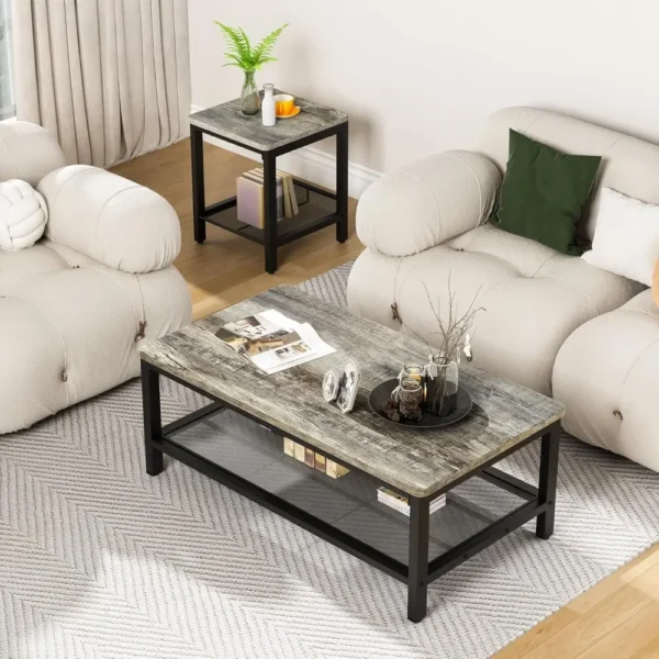 Lamerge 3 Pieces Living Room Table Set, Industrial Coffee Table with 2 Square End Side Tables, Coffee Table Set with Metal Frame - Image 5
